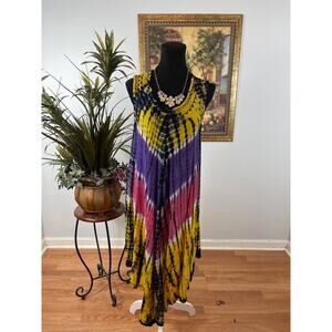 Boho Tie Dye Maxi Dress Free Size Sleeveless Viscose India Flowy